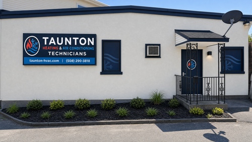 Taunton Heating & Air Conditioning storefront with sign and contact info