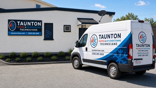 Office reception area with Taunton Heating sign and staff