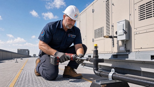 Three technicians examining a disassembled outdoor HVAC unit