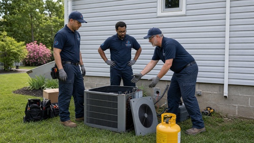 Technician assisting customer with window air conditioning unit